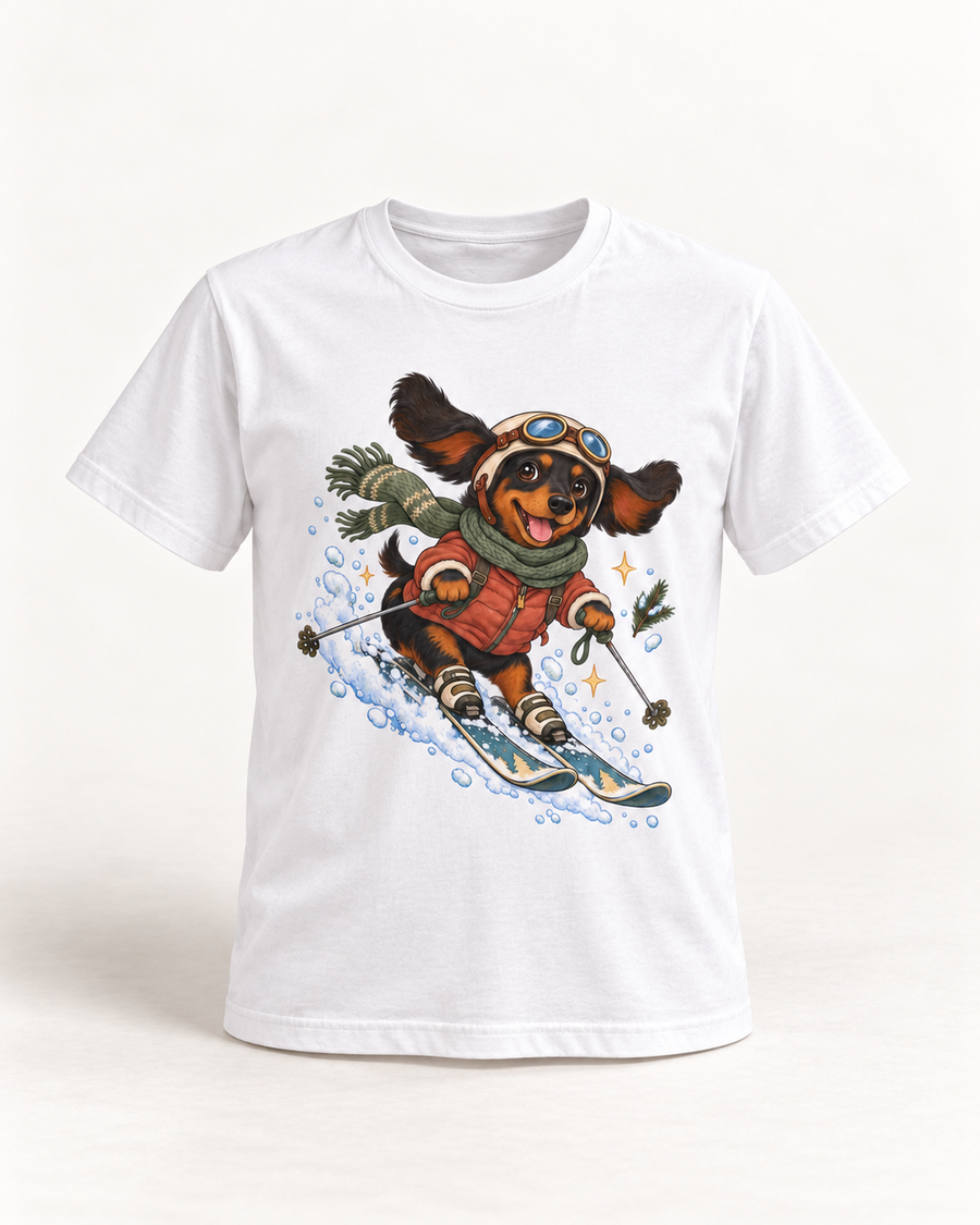 Ski-Pfoten-Dackel T-Shirt – Winterabenteuer