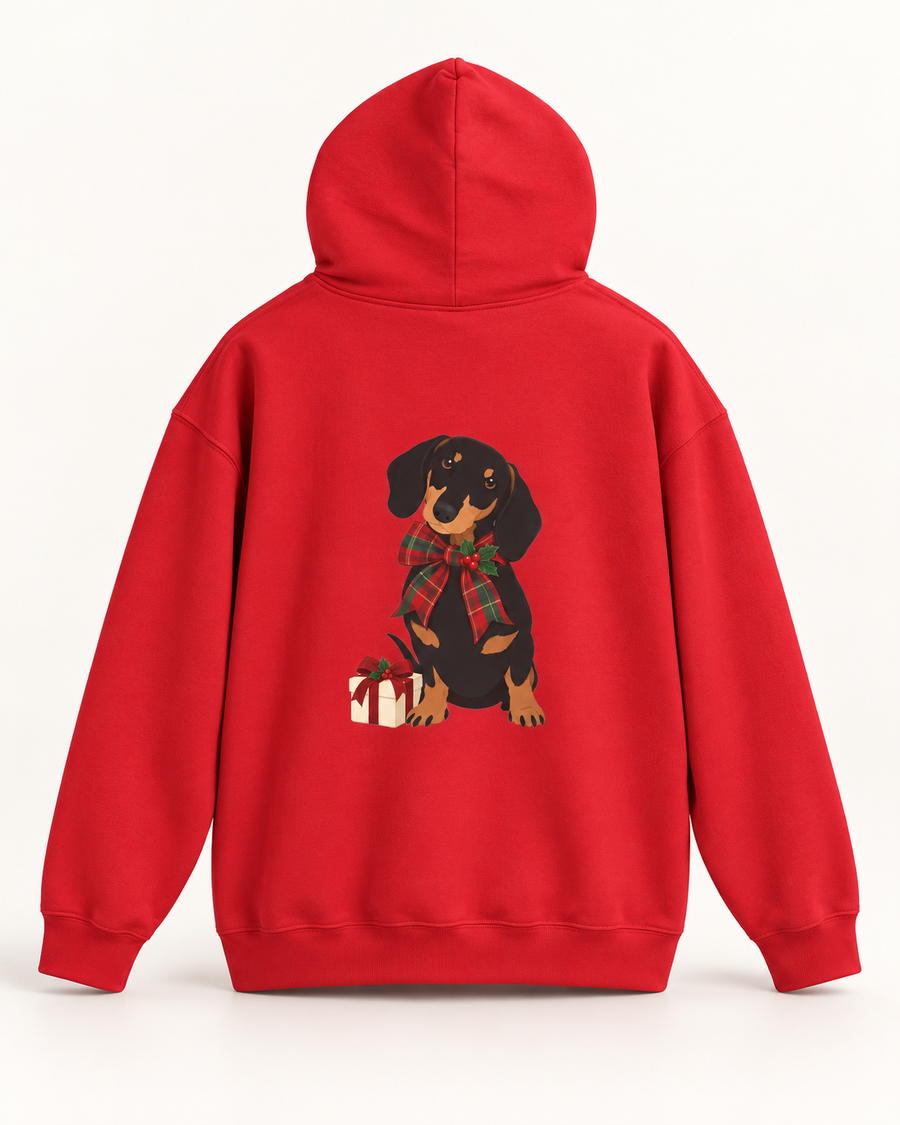 Weihnachts-Dackel-Hoodie – Kuschelig mit Schal und Geschenk