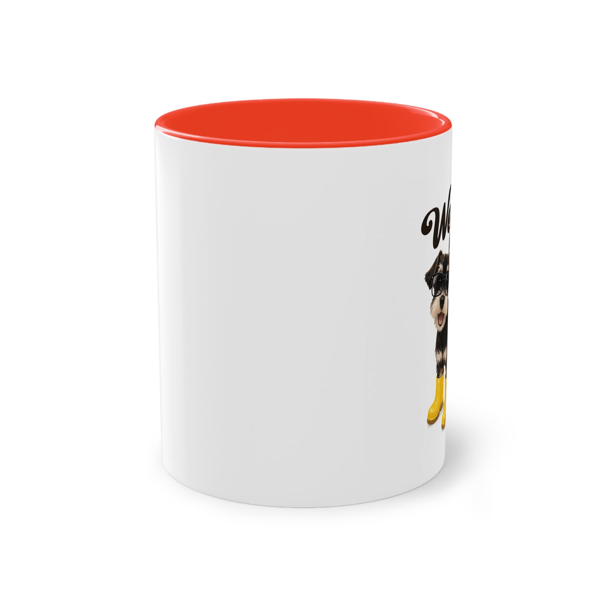 Dog Mom Coffee Mug — Cute Puppy in Rain Boots Two-Tone 11oz
