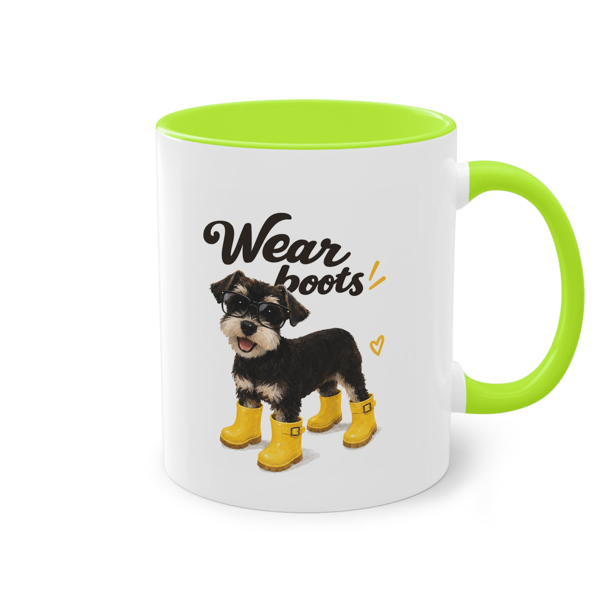 Dog Mom Coffee Mug — Cute Puppy in Rain Boots Two-Tone 11oz