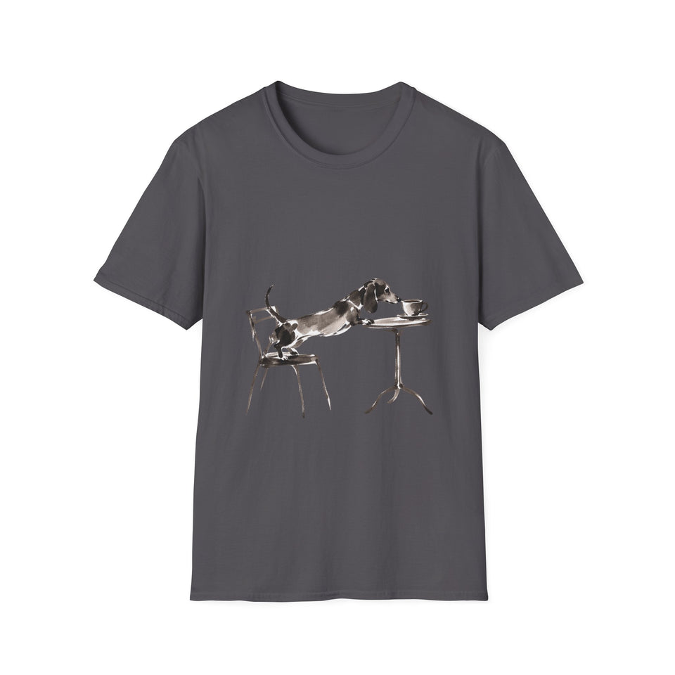Café-Dackel T-Shirt – Minimalistische Linienzeichnung