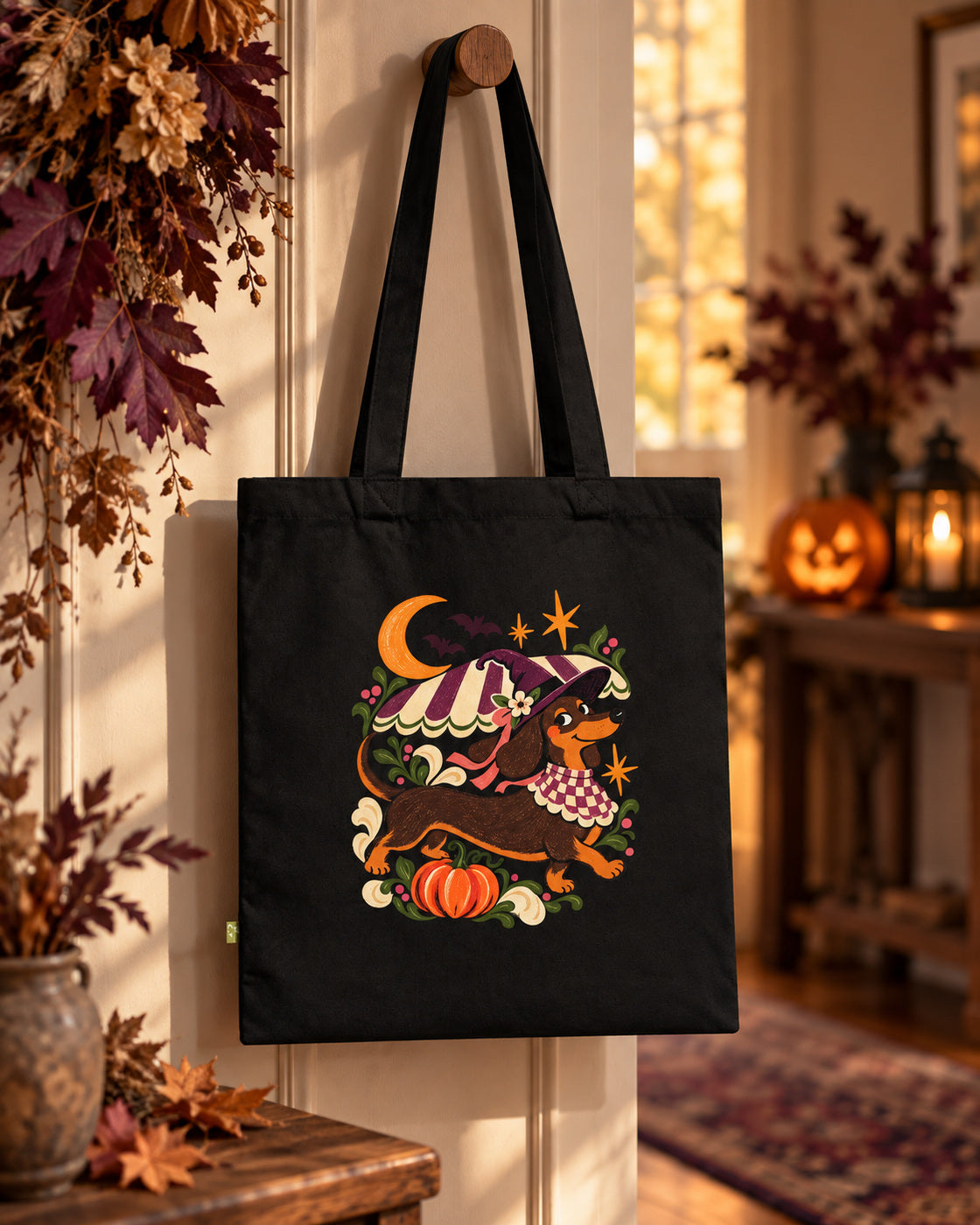 Mondlicht-Dackel Tragetasche – Halloweenmotiv aus Bio-Baumwolle