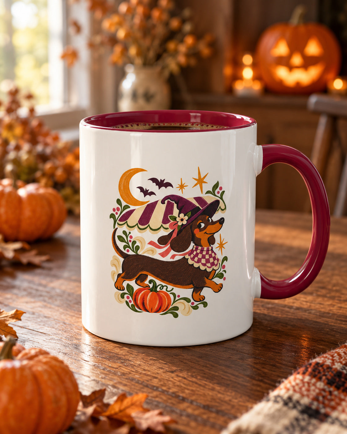 Moonlit Dachshund Mug – Halloween Two-Tone Cup