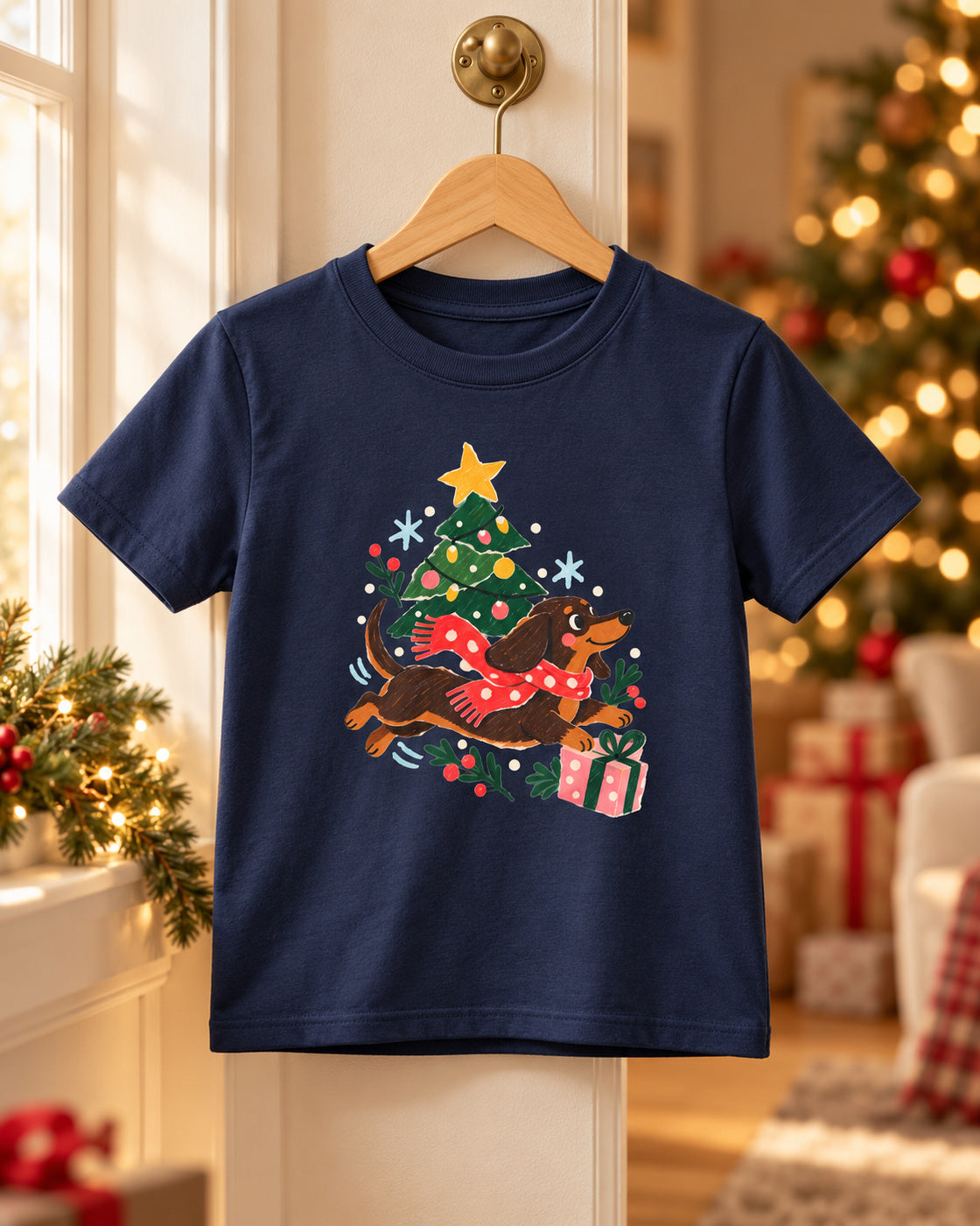 Christmas Dasher Dachshund Kids’ T-Shirt – Tree & Gifts