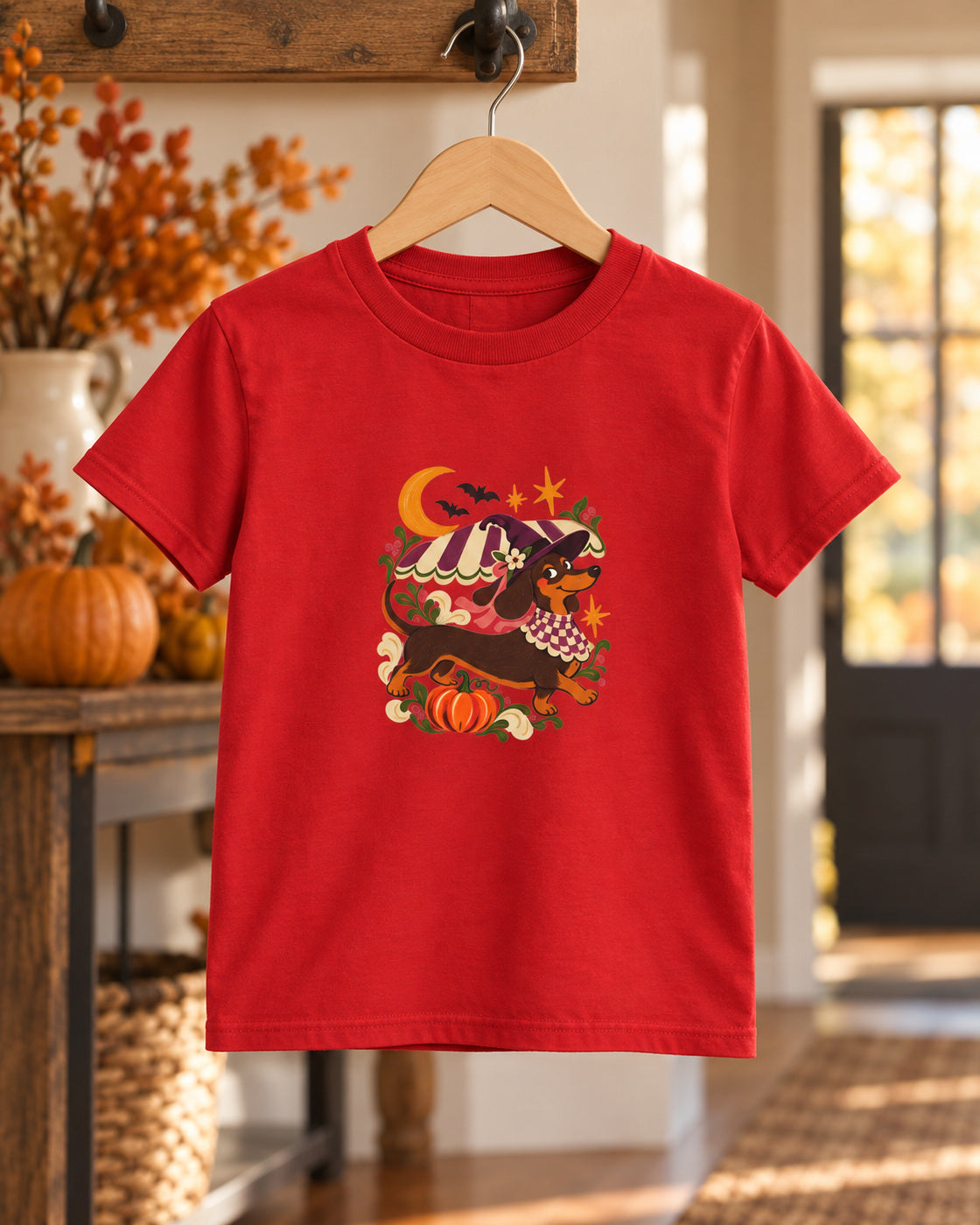 Hexen-Dackel Kinder-T-Shirt – Halloween-Motiv