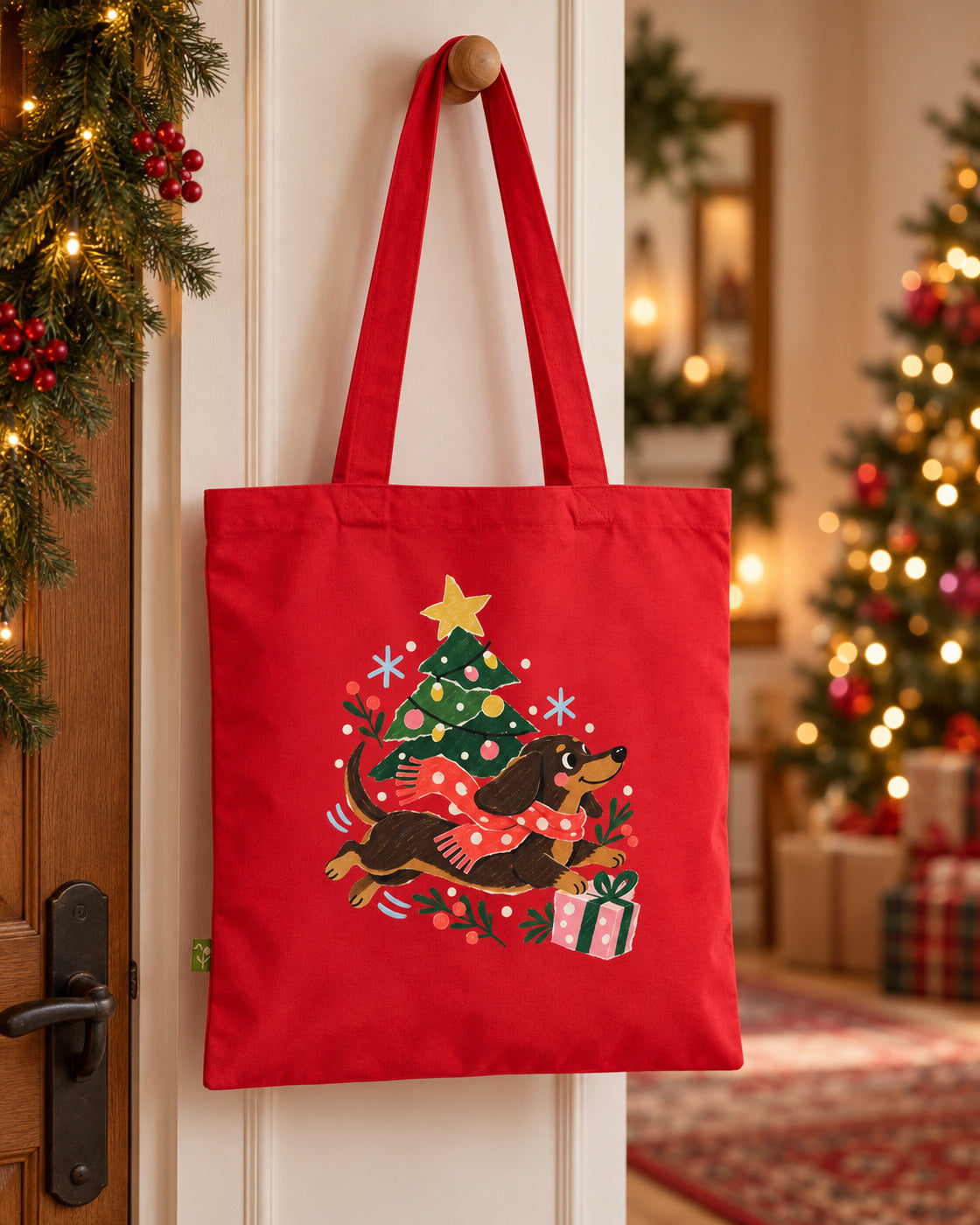 Weihnachtsflitzer-Dackel Tragetasche – Festliches Motiv aus Bio-Baumwolle