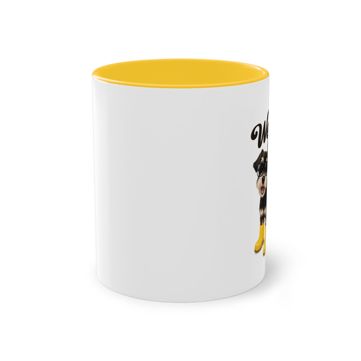 Dog Mom Coffee Mug — Cute Puppy in Rain Boots Two-Tone 11oz