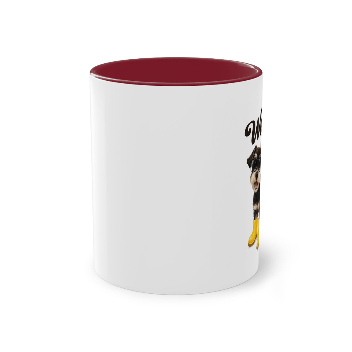 Dog Mom Coffee Mug — Cute Puppy in Rain Boots Two-Tone 11oz
