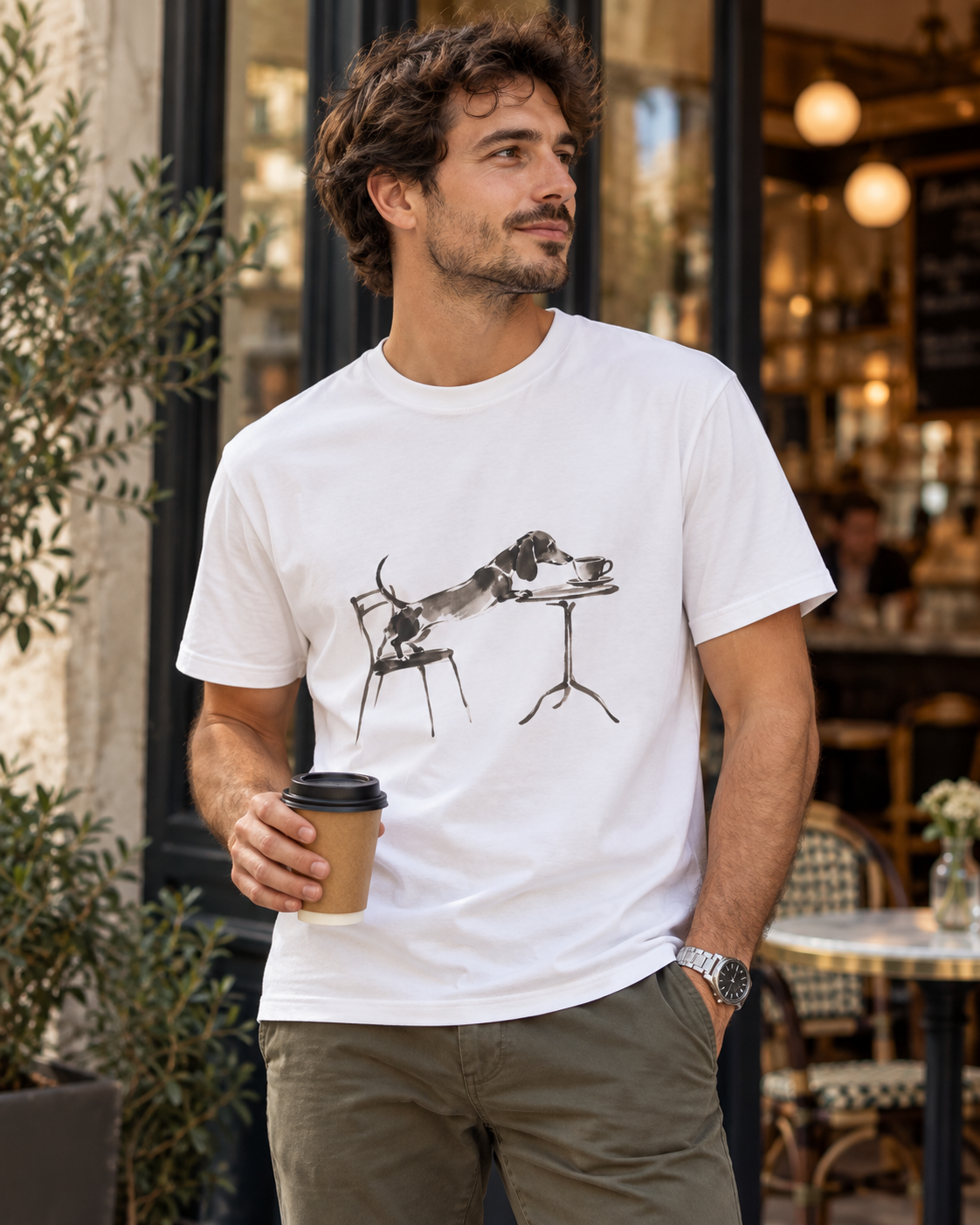 Café-Dackel T-Shirt – Minimalistische Linienzeichnung