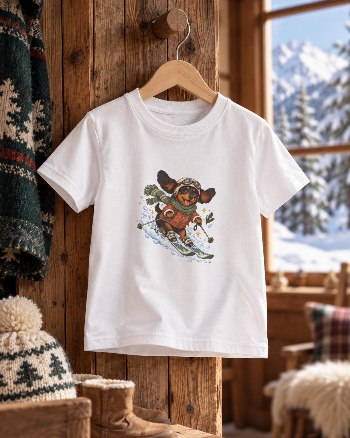 Ski-Pfoten-Dackel Kinder-T-Shirt – Verschneites Abenteuer