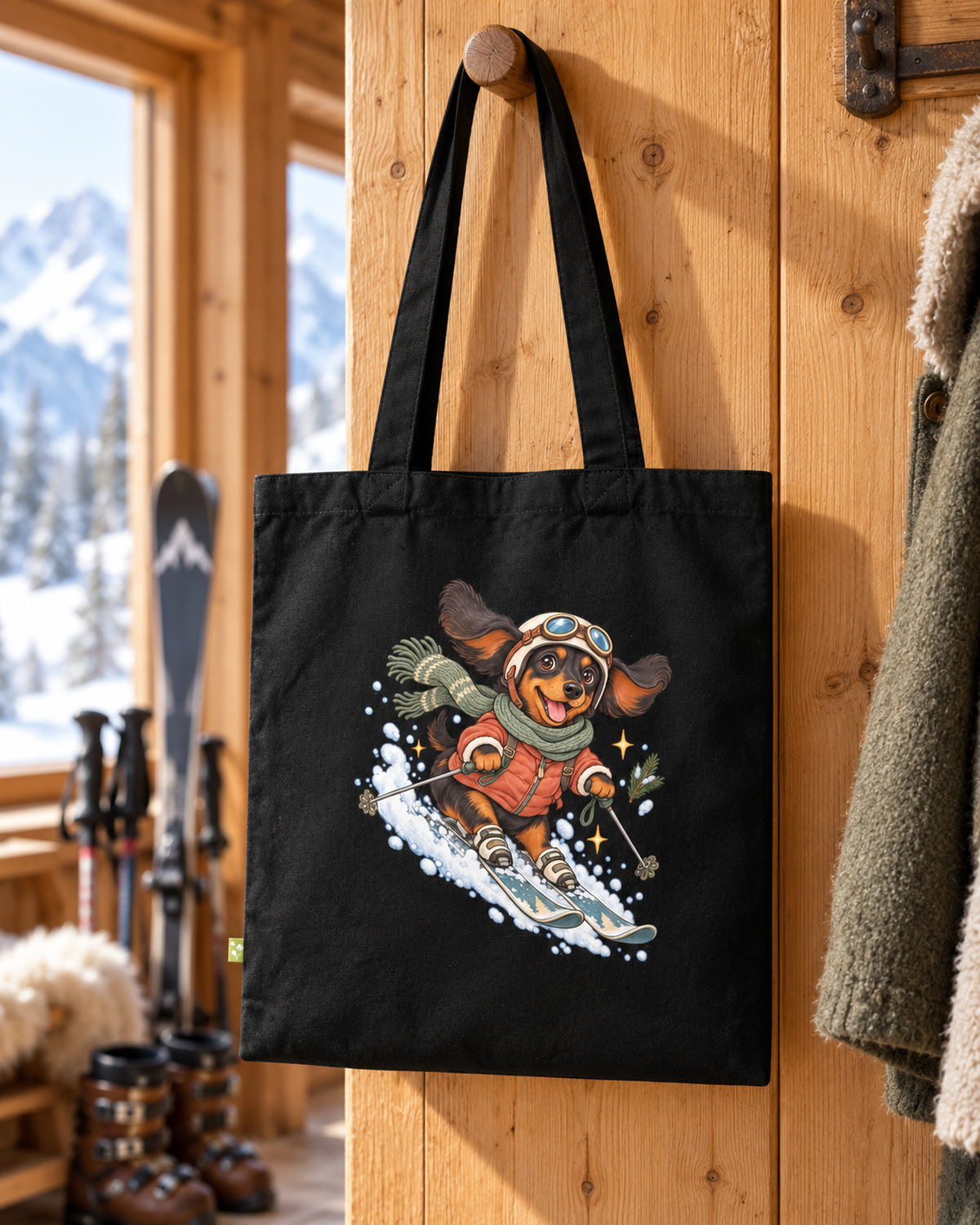 Ski-Pfoten-Dackel Tragetasche – Wintermotiv aus Bio-Baumwolle