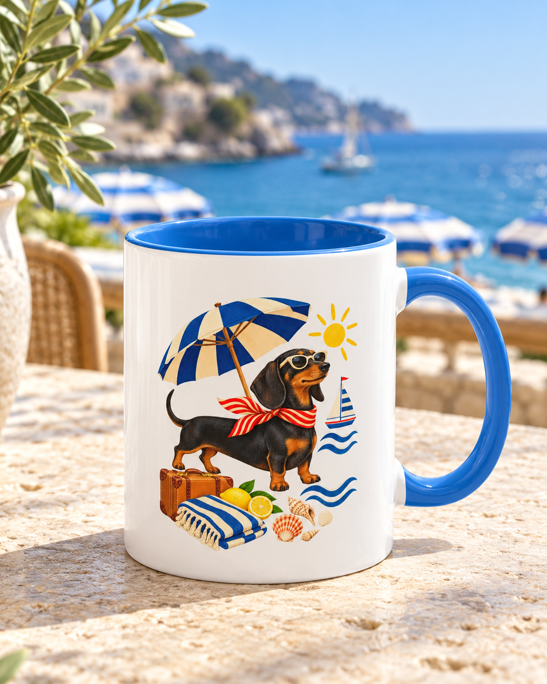 Strandpfoten-Dackel Tasse – Sonniger Zweifarben-Becher