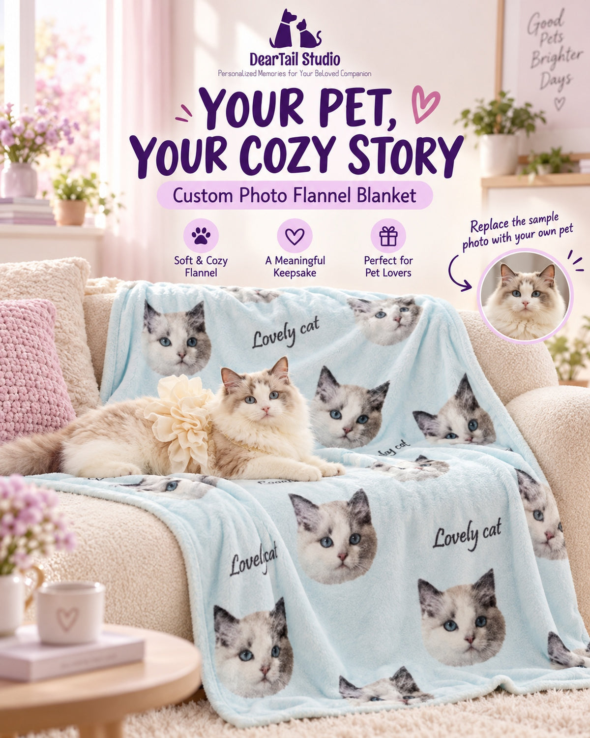 Personalized pet photo flannel blanket in a cozy room