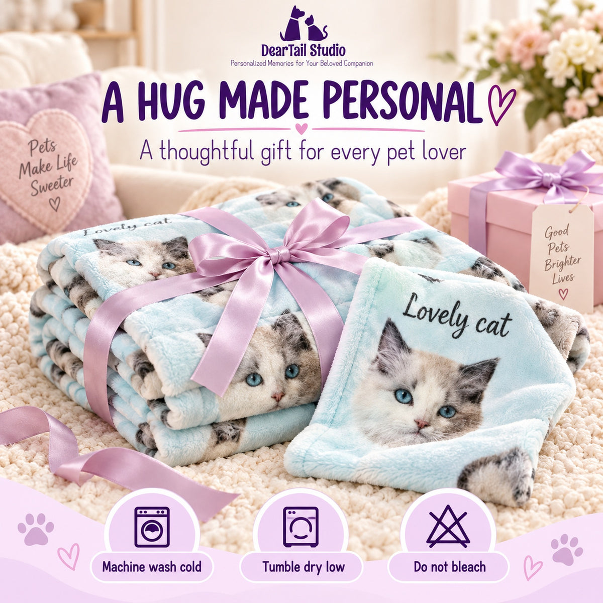 Personalized pet blanket gift and care instructions