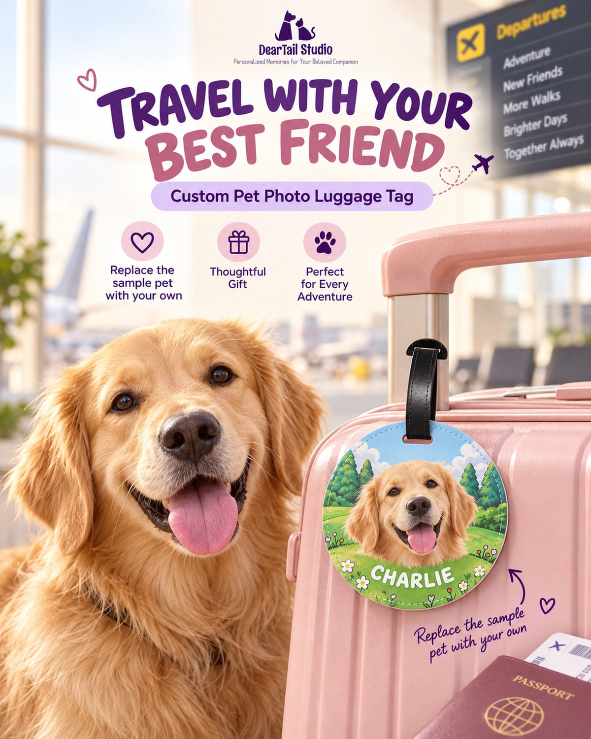 Personalized pet photo luggage tag on a pink suitcase with golden retriever
