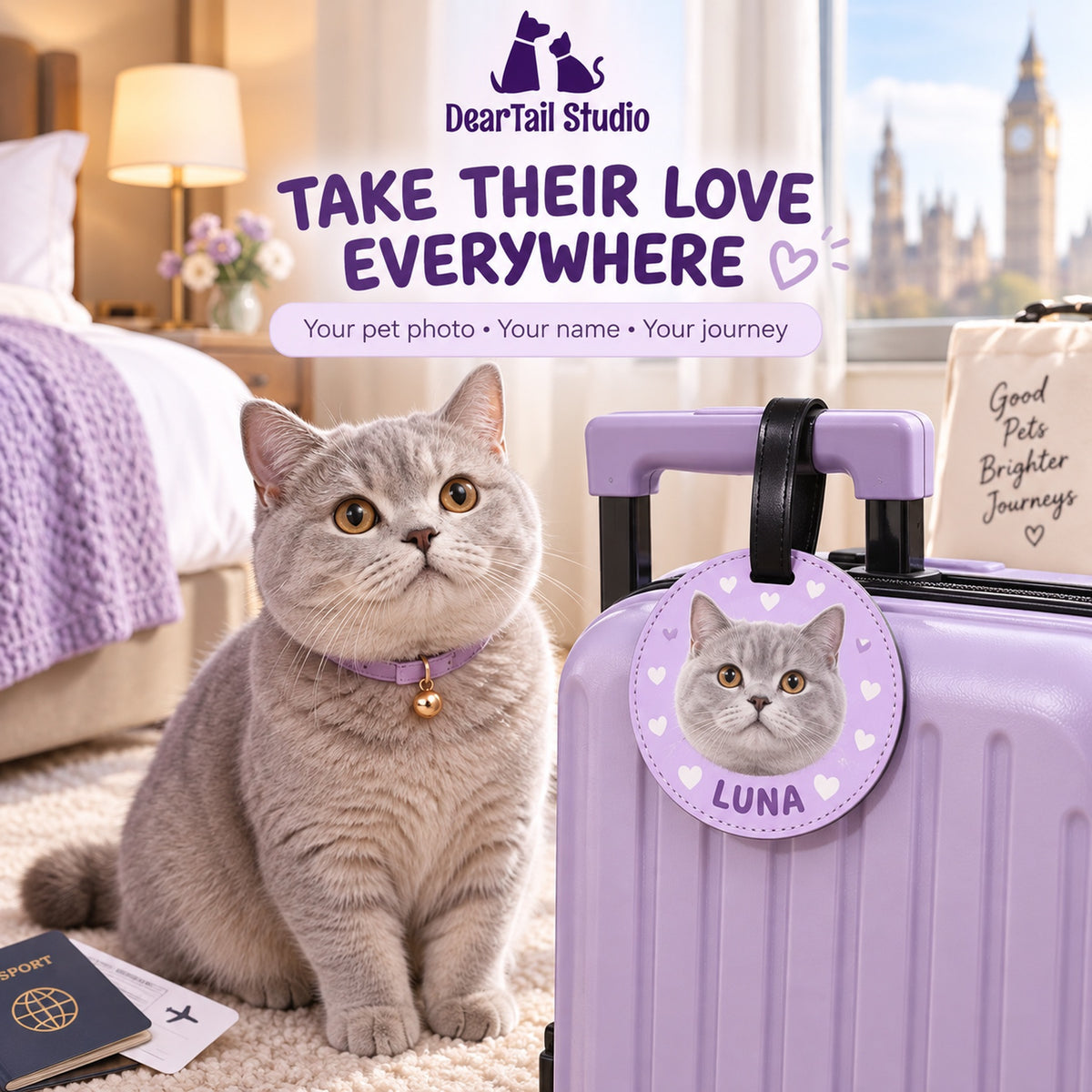 Personalized lilac pet photo luggage tag with British Shorthair cat