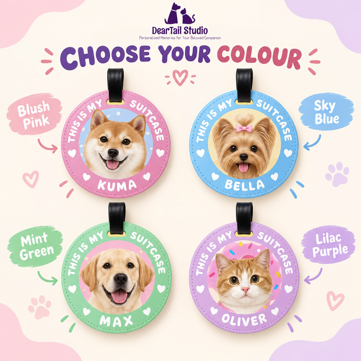 Four colour choices for personalized pet photo luggage tags