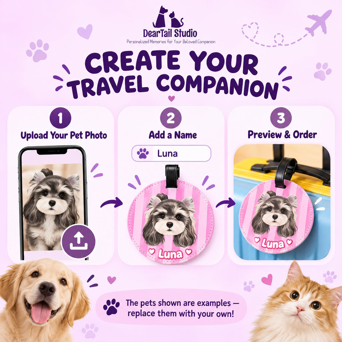 How to customize a pet photo luggage tag in three steps