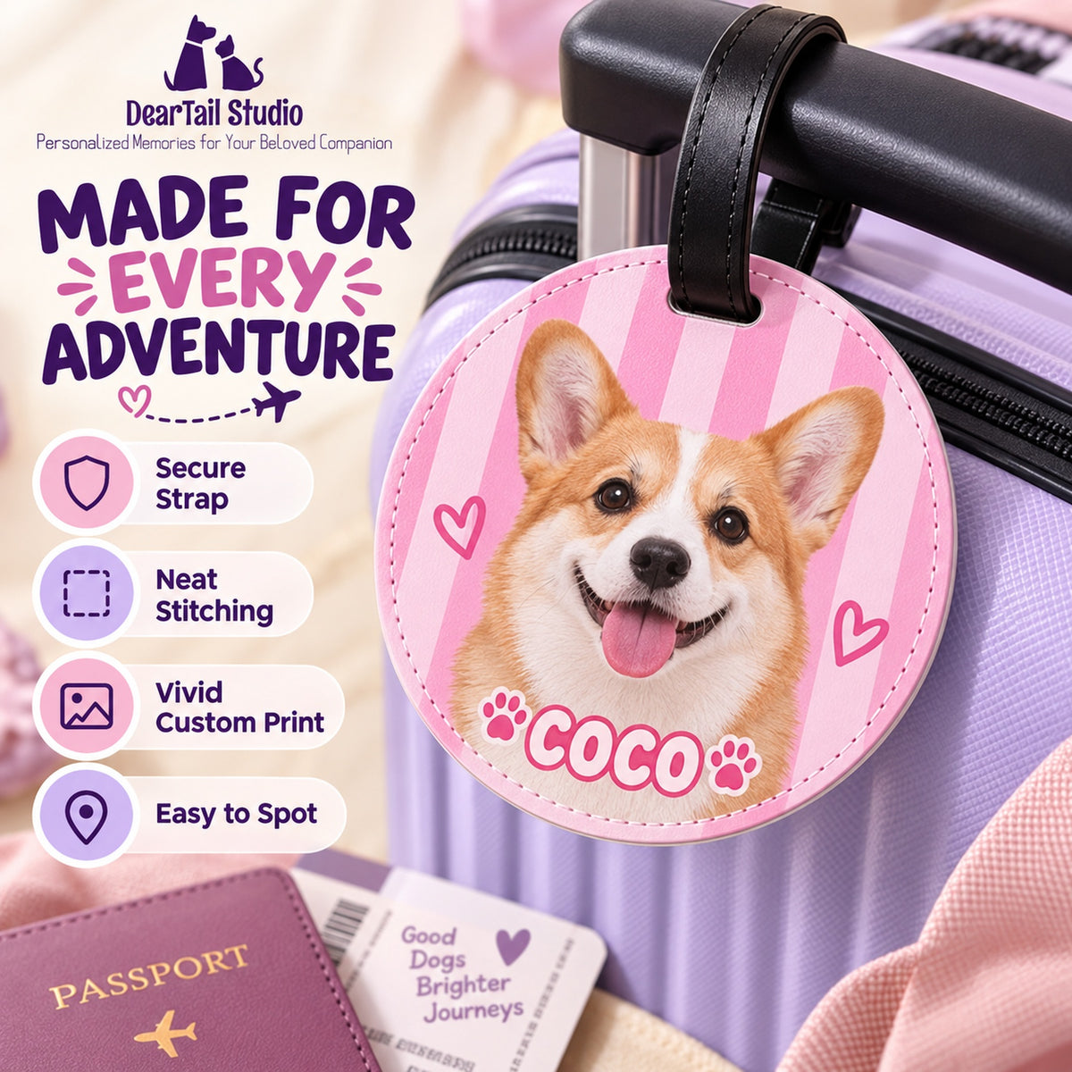 Personalized pet luggage tag product features and stitched details
