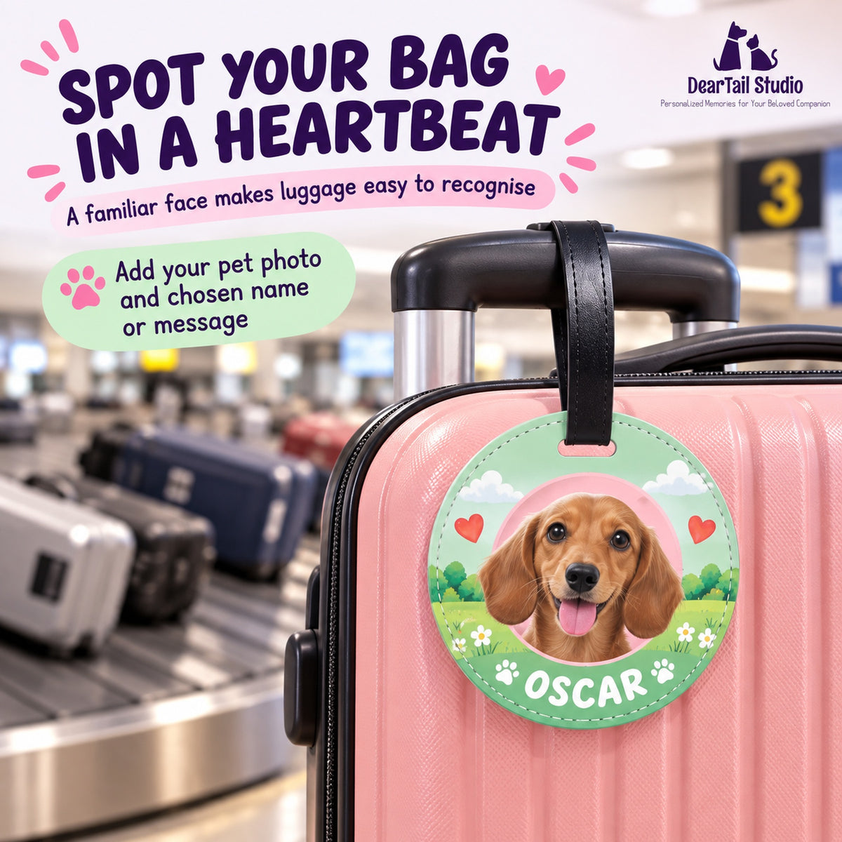 Custom pet photo tag helps identify a suitcase at baggage claim