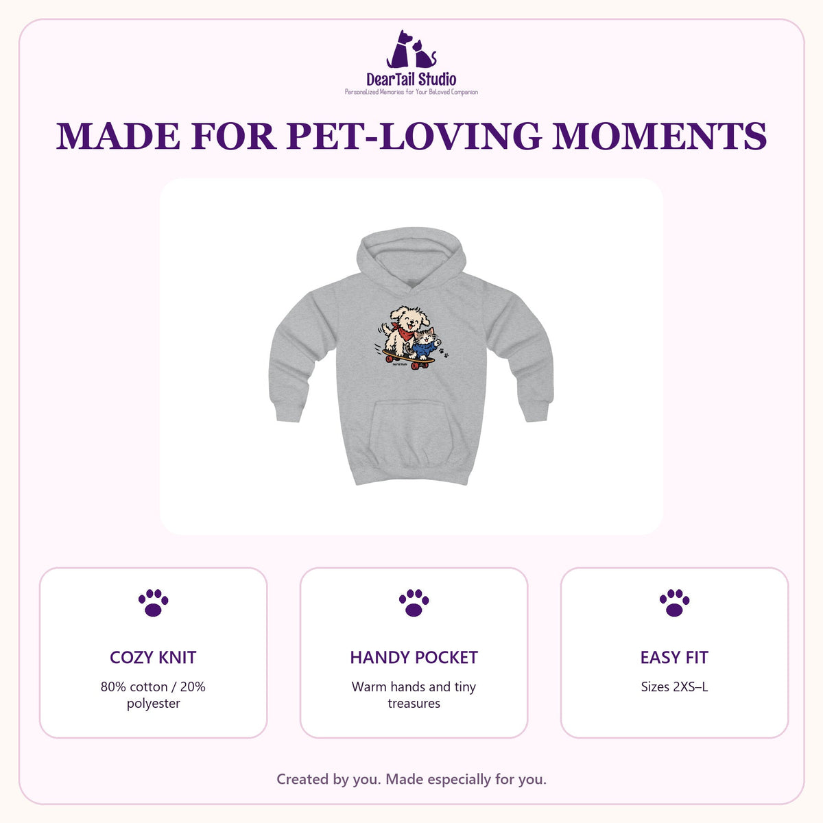 Kids personalised pet hoodie features