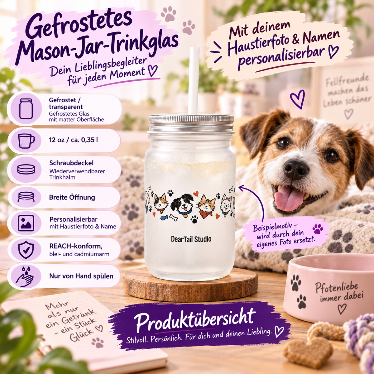 Personalisiertes Mason-Jar-Trinkglas mit Haustierfoto – Bild 1 von 6