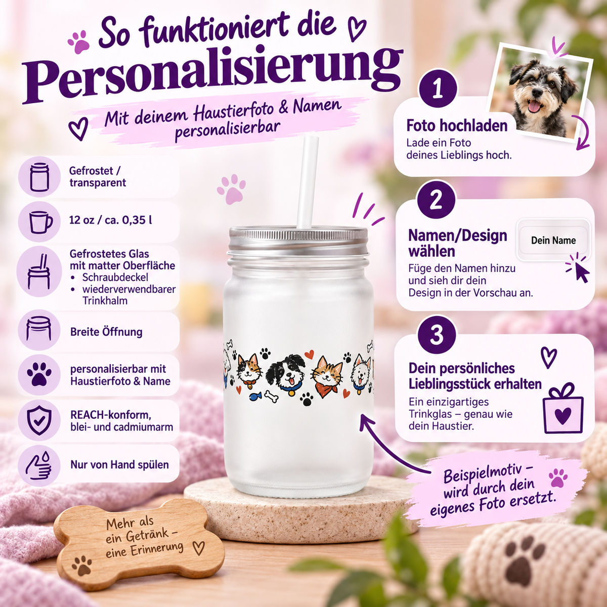 Personalisiertes Mason-Jar-Trinkglas mit Haustierfoto – Bild 2 von 6