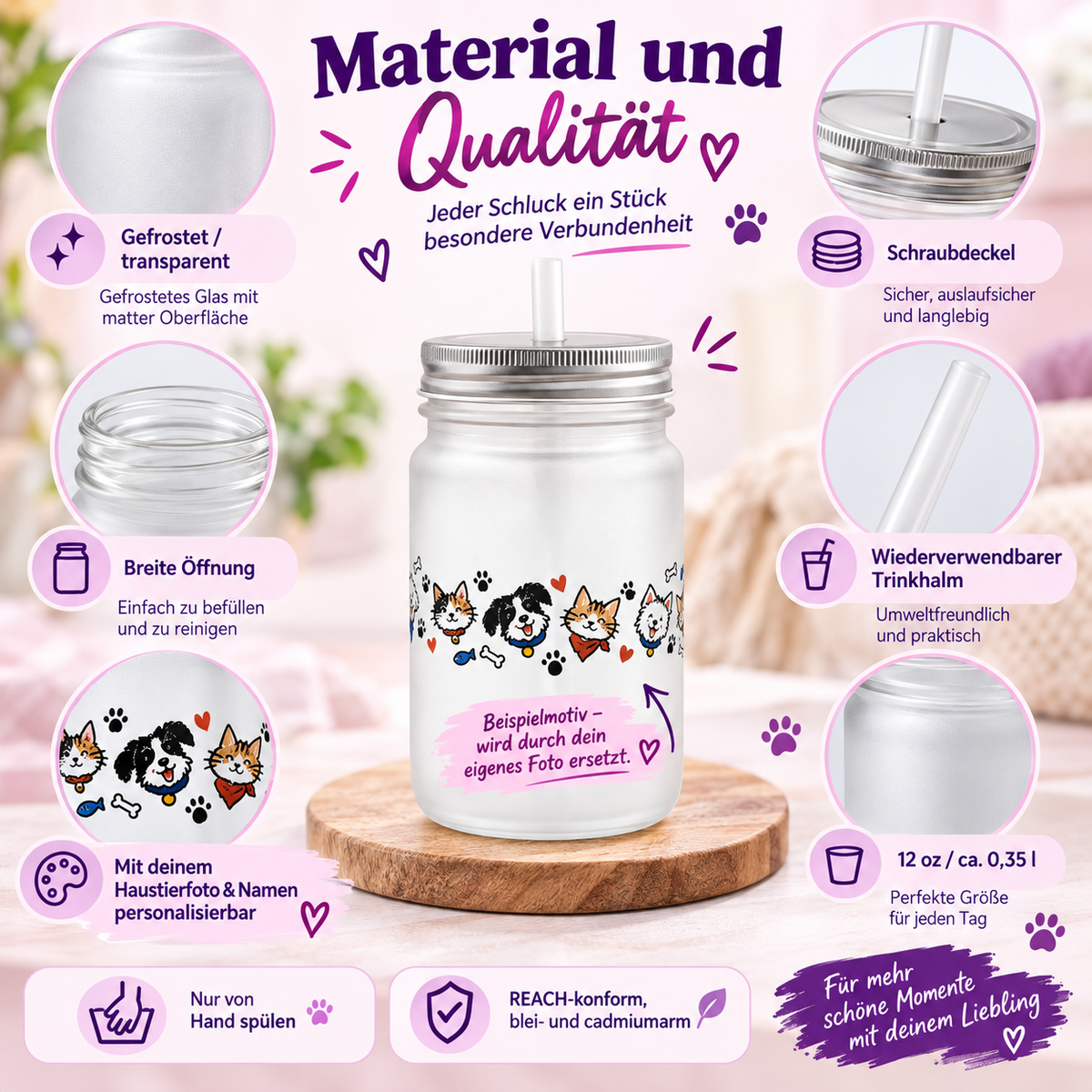 Personalisiertes Mason-Jar-Trinkglas mit Haustierfoto – Bild 3 von 6