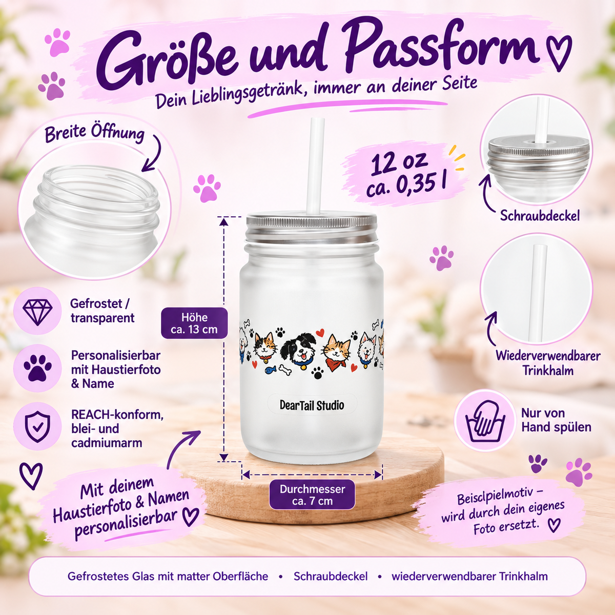 Personalisiertes Mason-Jar-Trinkglas mit Haustierfoto – Bild 5 von 6