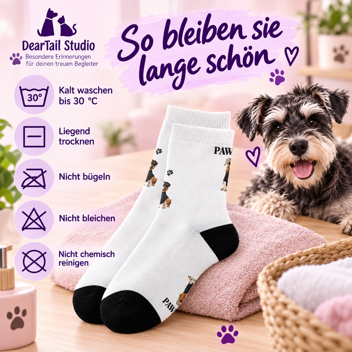 Personalisierte Haustier-Fotosocken – Pflegehinweise