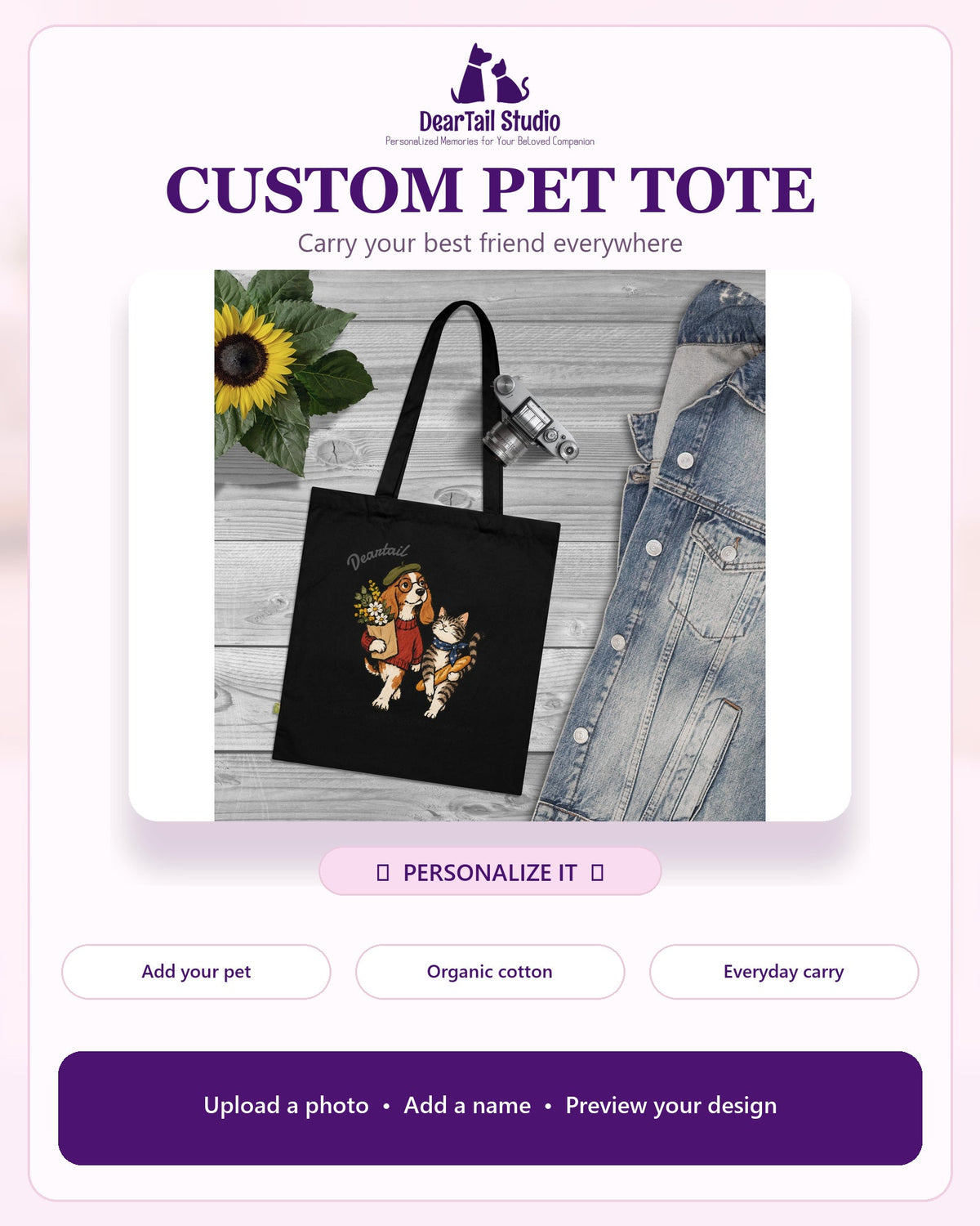 Personalised organic cotton pet tote by DearTail Studio